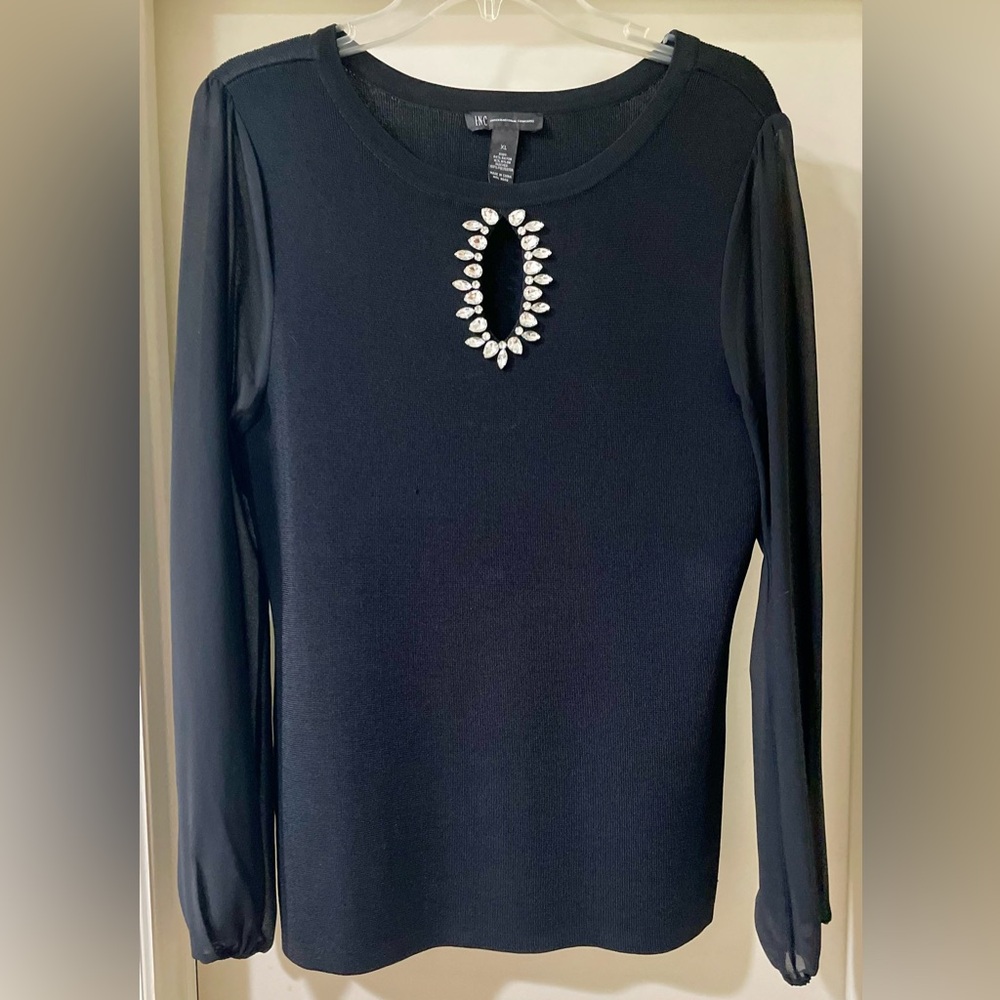 INC knit top sheer long sleeves rhinestone key hole neck black
